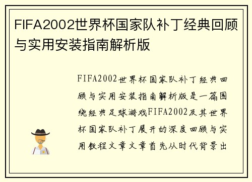 FIFA2002世界杯国家队补丁经典回顾与实用安装指南解析版
